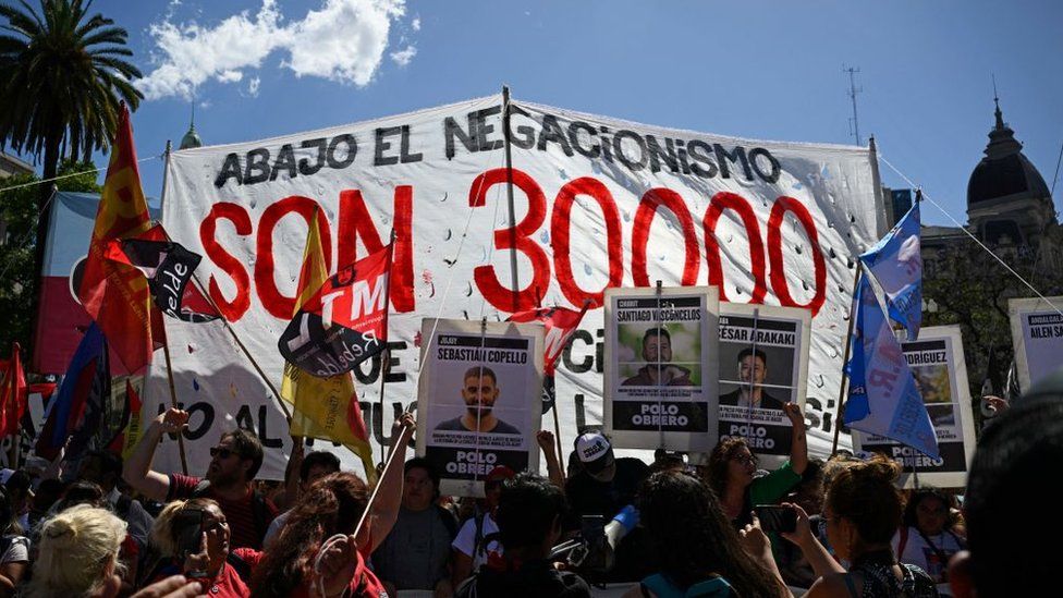 Members of leftist movements demonstrate during the first protest, called by the Polo Obrero labour union, against elected President Javier Milei and his plans to reform the economy, in Buenos Aires on November 23, 2023, after joining Madres de Plaza de Mayo association members in their weekly protest for the people who disappeared during the 1976-1983 Argentine dictatorship.
