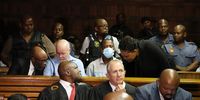 Vusumuzi Matlala and senior police officers in the Pretoria Magistrates’ Court on 25 March 2026. (Photo: Felix Dlangamandla) Naledi-Caryn-SAPS
